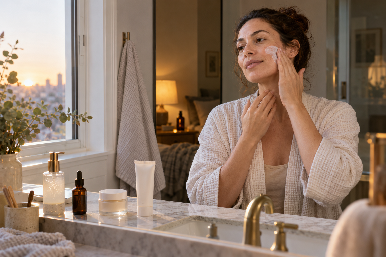 sérum de retinol sobre uma toalha branca ao lado de outros produtos de skincare